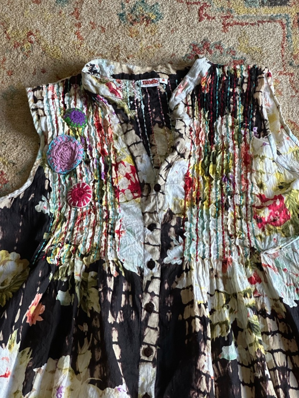 Tianello Sleeveless Boho Tunic in Turquoise & Black with Floral Embroidery - Picture 2 of 6